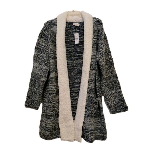 New Ann Taylor Loft Women's Sweater Cardigan Sherpa Trim Pockets Gray Ivory XL - Picture 1 of 7